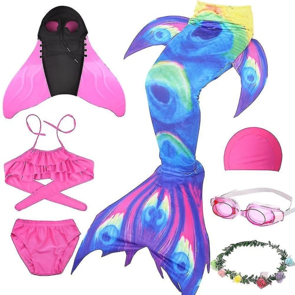 Halloween 7st/ set Barn The Little Mermaid Tail Baddräkt med Monofin Bikini Baddräkt Carnival Party Beach Badkläder - Perfet 7pcs-G with fin 110(height100-110cm)