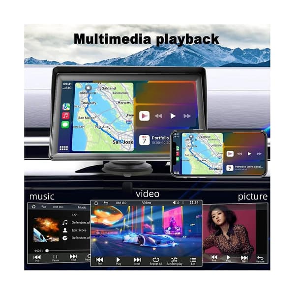 Bærbar Dash Mount Carplay Display 7 tommer Touchscreen, Bluetooth Bilstereo Radio - WELLNGS