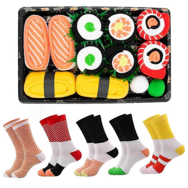 5 par sushimönstrade mellanhöga bomullsstrumpor - Casual strumpor julklappslåda - CHUN
