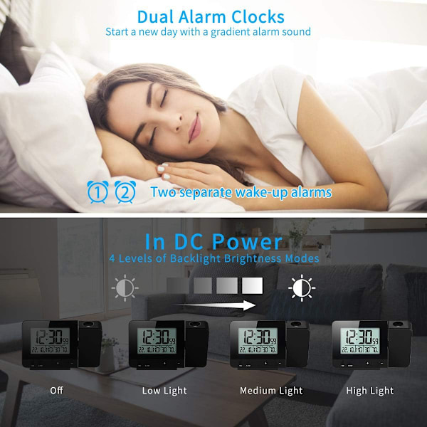 Digital projektionsklocka, dimmer vid sängen Väckarklocka Tidstempering - Perfet