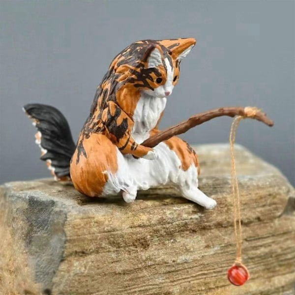 Fiskande Katt Ornament Akvarium Dekoration Akvarium Landskapsarkitektur Tecknad Katt Staty Mini Resin Figurin Hemdekorationer-Perfet style two