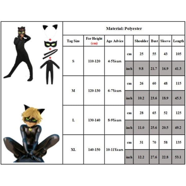 Cosplay Cat Noir Kids Bodysuit Black Cat Halloween Sæt - Perfet XL