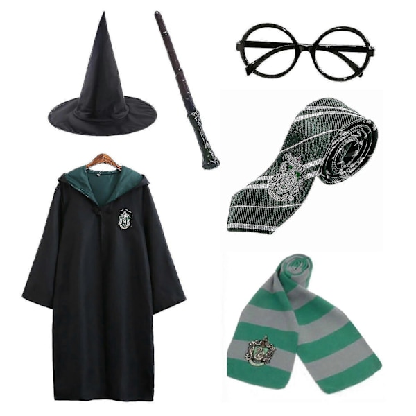 Harry Potter 6-delars magisk trollkarl rollspelsdräkt mantel kostym - Perfekt Green 135cm (7-8 years)