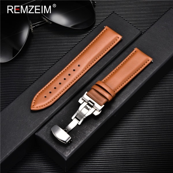 REMZEIM vasikanahkainen watch pehmeää materiaalia watch ranneke 18mm 20mm 22mm 24mm ruostumaton teräs perhossolki - Perfet Light brown 24mm