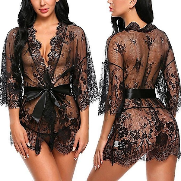 Kvinners blonde kimono-morgenkåpe babydoll undertøy mesh nattkjole-Perfet BLACK XL