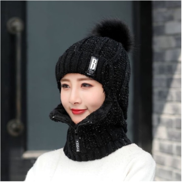 ull stickad mössa för kvinnor Vindtät vinter utomhus skid stickad halsduk - Perfet black