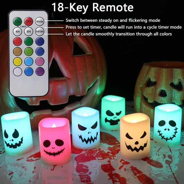 Halloween liekettömät kynttiläparistot kaukosäätimen värinvaihto, LED-teelamppu kynttilä Halloween kodinsisustuslahja (6 Pa - Perfet