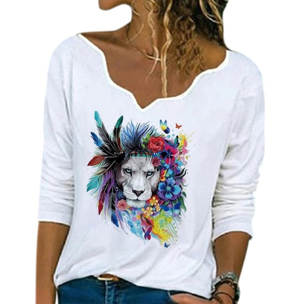 Naisten casual löysä V-pääntie printed pitkähihainen T-paita Top - Perfet White lion head,S