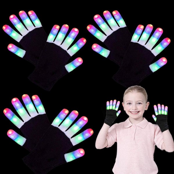 3 par LED-hansker for barn Tenåringer Menn Dame Neon Light Up Rave - Perfet