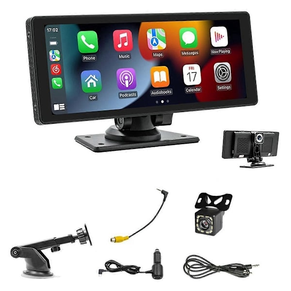 Bärbart trådlöst CarPlay billjudsystem med dashcam - 1026-tums HD IPS-skärm, stöder Android Auto, 1080P backkamera, Bluetooth