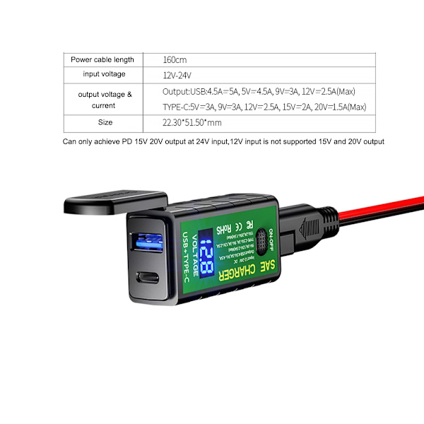 12V 24V moottoripyörä QC3.0 PD Type C -laturi SAE- USB sovittimella volttimittarilla ja ON/OFF-kytkimellä älypuhelimen tabletille GPS - Perfet