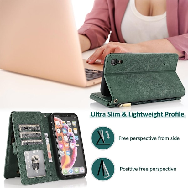Kompatibel med iPhone Xr Cover, 8 Kort Slots Retro Læder Wallet Stødsikkert Flip Kickstand Cover med Lynlåslomme-Perfet Green