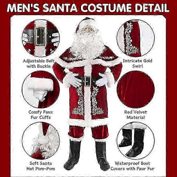 Julemandskostume Sæt 12 Dele Voksen Deluxe Fløjl Julemandskostume Sæt, Julemandsdragt i Deluxe-udgave til mænd, til mænd i juleferien - Perfekt 4XL