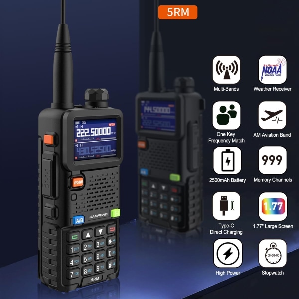 Power håndholdte walkie talkies - Multibånd to-vejs radio med vejrmodtager - Langdistance kommunikation - Type C opladning - Air band - Perfet