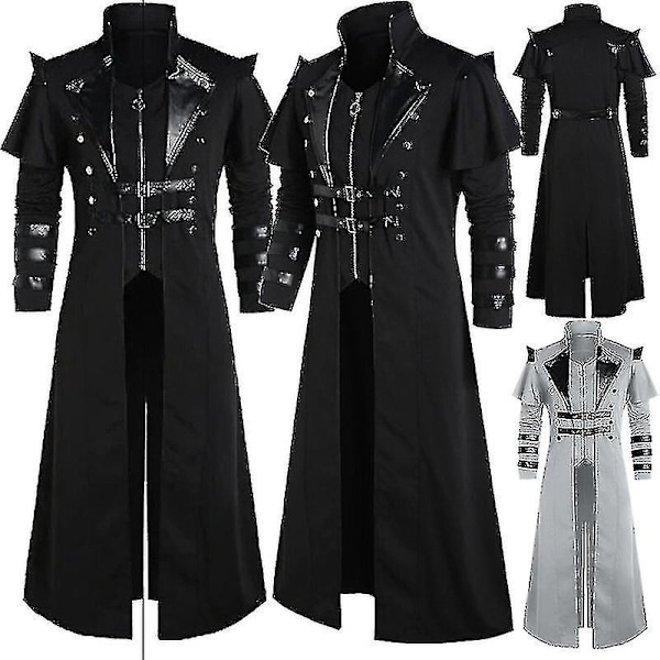 Vintage Halloween Middelalder Steampunk Assassin Elf Pirat Kostume Voksen Mænds Sort Lang Slidset Jakke Gothic Armor Læderfrakke - Perfekt Black S
