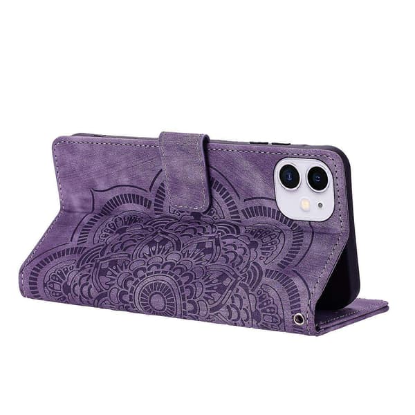 för iPhone 11 Läderfodral WANLONFENG HDM-serien Mandala Prägling Plånboksställ Telefonskal - Perfekt Purple