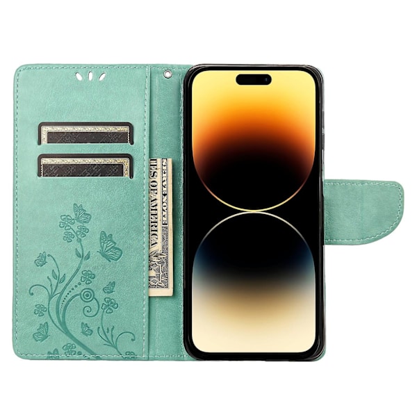 Butterfly Flower PU Etui Kompatibelt med iPhone 14 Pro-Perfet Green