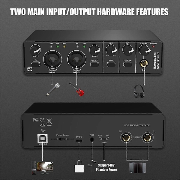 USB Ljudinterface, 2 in 2 ut Ljudinterface med 48V Fantommatning för Inspelning, för Gitarrist, -Perfet