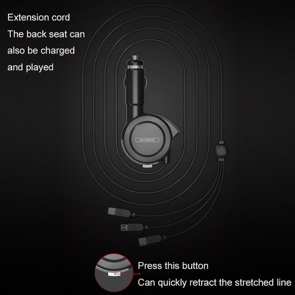 Veeki Quick Charge biloplader, bilopladeradapter med to porte med strækbart kabel og 3 i 1 hurtigopladningskabel til iPhone 13/ pro Max/ pro, 12/