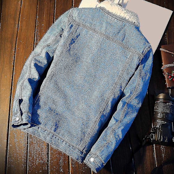 Høst- og vinterjakke for menn - Denimfôr, tykk ull, denimjakke, yttertøy, jakke med fløyelslomme, pelsjakke for menn - Perfekt Light Blue S