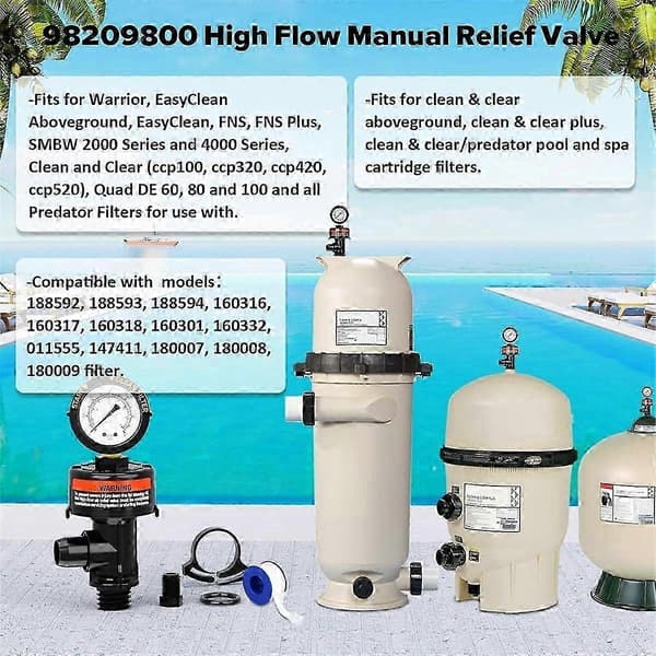 98209800 Pool Filter Trykmåler, Manuel Udluftningsventil Udløbsventil Kompatibel med Pool- og Spafiltre 98209803-Perfet