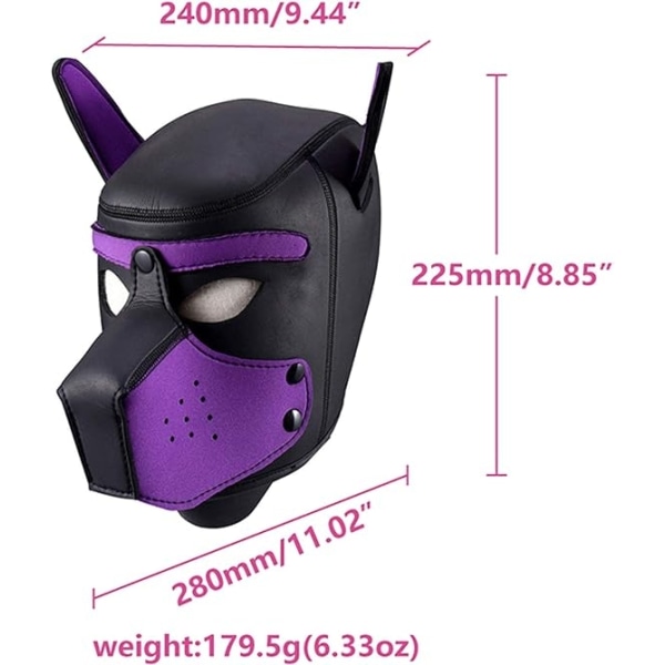Hundemaske, blød latex Pet Play Hundemaske hvalpemaske sort læder D - Perfet