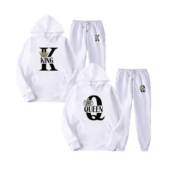 2023 Mote-Par Hoodie-sett for Par - Kongen og Dronningen - Trykte Elsker-Hoodies med Hetter og Bukser - 2-delt Sett - Streetwear for Menn og Kvinner - Perfekt White Queen M