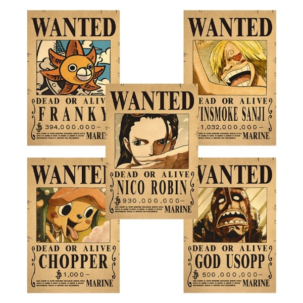 5 kpl juliste One Piece Wanted -juliste Luffy Paper Vintage Poste - Perfet A9
