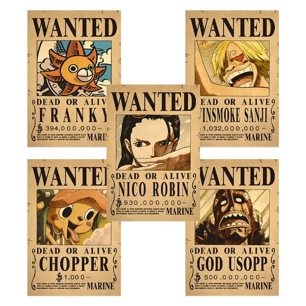 5 st Affisch One Piece Wanted Poster Luffy Papper Vintage Poste - Perfet A9