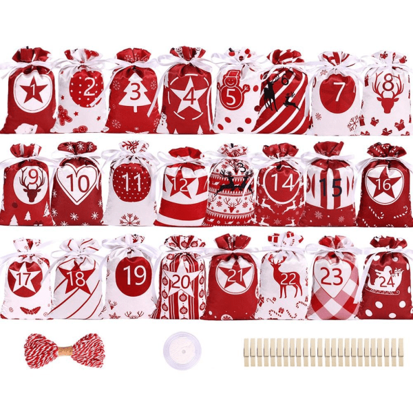 24 STK Jule-adventskalender Gaveposer Snørepose Fest D red 24pcs