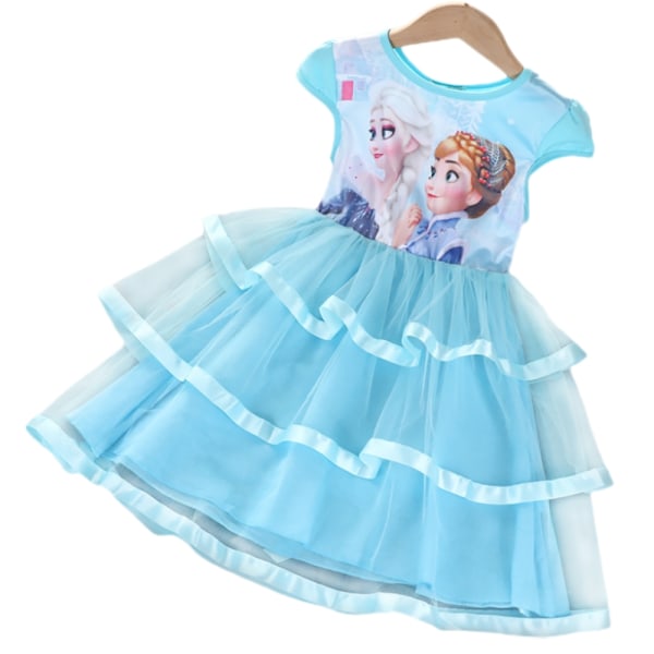 Girl Frozen Princess Dress Rund Hals Kortærmet Puff Nederdel - Perfet Blue 140CM