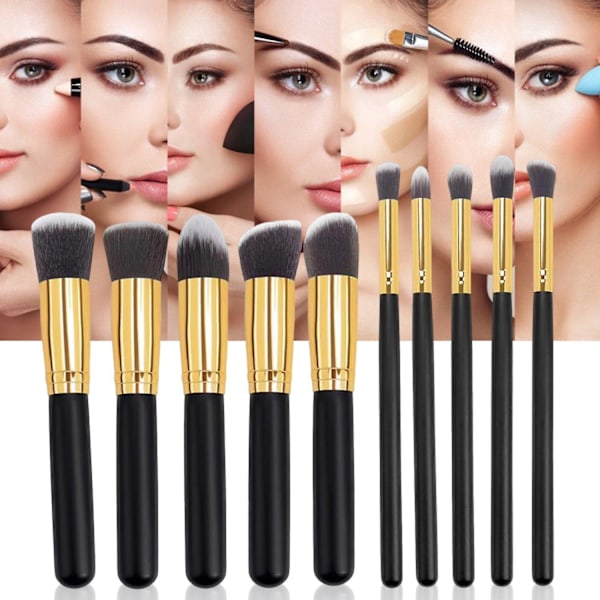 10 stk. Makeup Brush Set - Lintfri, Tætte Børstehår, Blød Pudder, Foundation, Contour, Blush, Concealer - Perfekt Gold & White