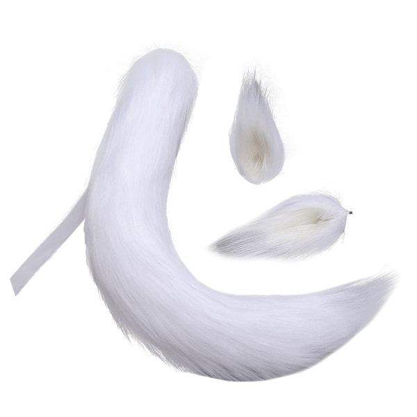 fuskpäls katt Räv Varg lurvig svans och öron för Halloween - Perfet White