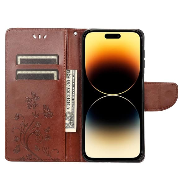 Fjärilsblomma PU-fodral Kompatibelt med iPhone 14 Pro-Perfet Brown