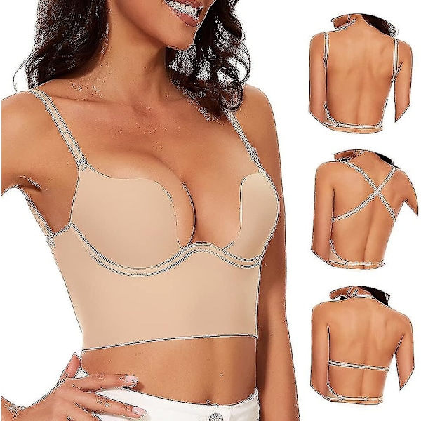 Lavryggede bh'er til kvinder - sømløse dybe U-plunge rygløse bh'er konvertible multiway lavtsnittet åben ryg bh halter bh'er - Perfet Nude 32DDD