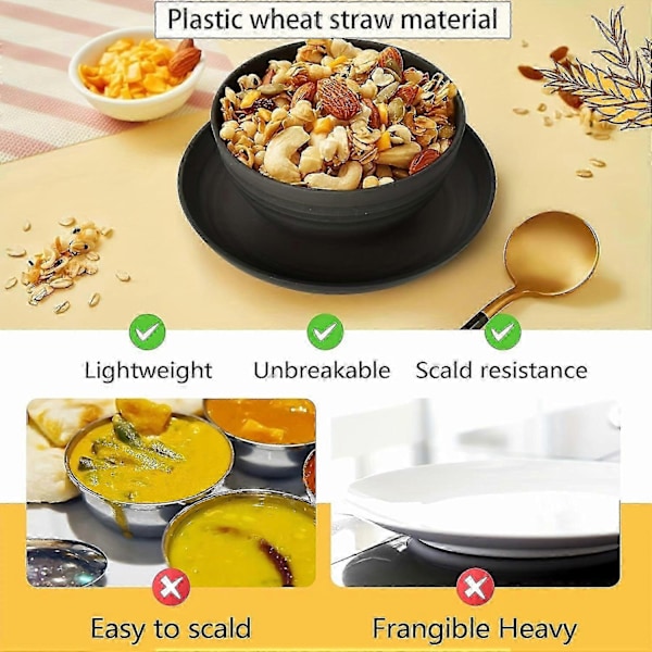 16 stk./sett Ubrytelige Middagstallerkener, Supernal Servisesett i Hvetestrå, Mikrobølgeovn- og Oppvaskmaskinsikre, Gjenbrukbart Servise, Svart-Perfet Beige 16-piece Set