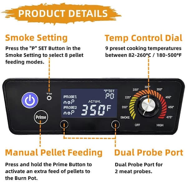 230V Digital W/LCD Display Kontrollkort Ersättningsdelar för Pellet Grill Rökar med Köttprob, RTD Sensor-Perfet