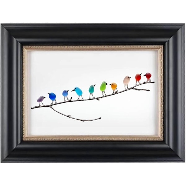 Havglas Regnbue Fugl, Havglas Kunst, Havglas og Drivtømmer Billede, Regnbue Fugl Væghæng - Perfekt Black Frame 10 Birds