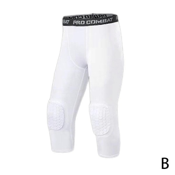 Män Säkerhets Anti-kollision Byxor Basketbollsträning 3/4 Tights Leggings med Knäskyddsskydd Sport Kompressionsbyxor-Perfekt white M