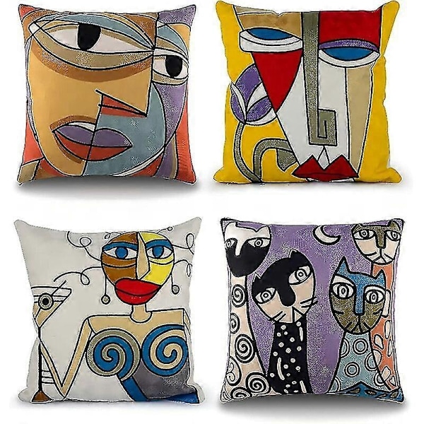 4-pack Picasso Kuddfodral 45x45cm Broderad Bomullslinne Soffa Kuddfodral Skandinavisk Vardagsrum Dekoration Sovrum Säng Kontor Fåtölj - Perfekt