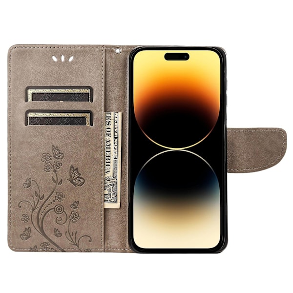 Fjärilsblomma PU-fodral Kompatibelt med iPhone 14 Pro-Perfet Grey