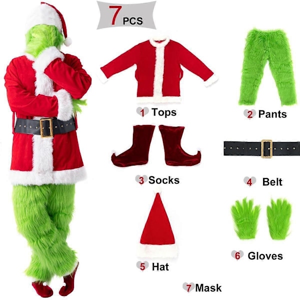 7-delad Grinch-kostym för julcosplay, vuxen Santa-kostymset + mask A-Perfet B S