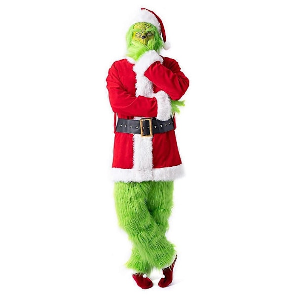 7-delad Grinch-kostym för julcosplay, vuxen Santa-kostymset + mask A-Perfet C S