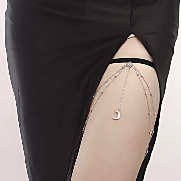 Sexig Moon Lårkedja Silver Tofs Crescent Moon Pendant Elastiska pärlor Layered Ben Sele Body Chain Boho Bikini Party Body - Perfet