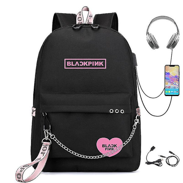 Black.pink reppu USB ladattava reppu Opiskelijan koululaukku - Perfet Black
