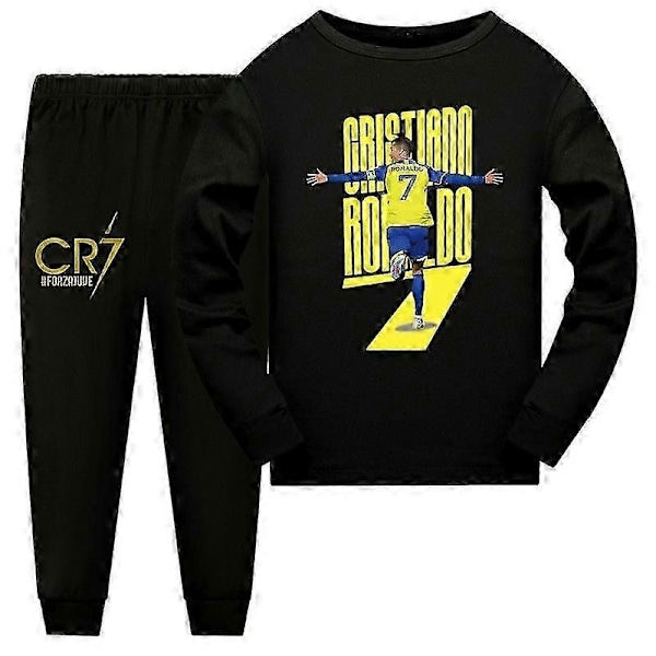 Barn CR7 Ronaldo Bomulls pyjamas topp+Byxor Sovkläder Nattkläder Set Ålder 2-14-Perfekt black 120