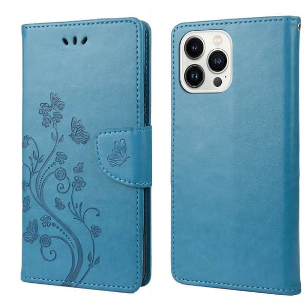 Butterfly Flower PU Etui Kompatibelt med iPhone 14 Pro-Perfet Blue