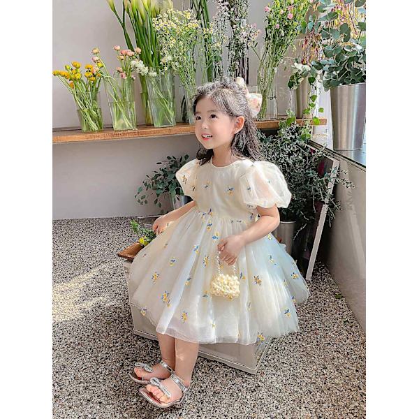 sommarklänning Flickor Nya barnkläder Barnens mesh Barns blommiga långkjol Baby Princess Kjol - Perfet beige 130cm