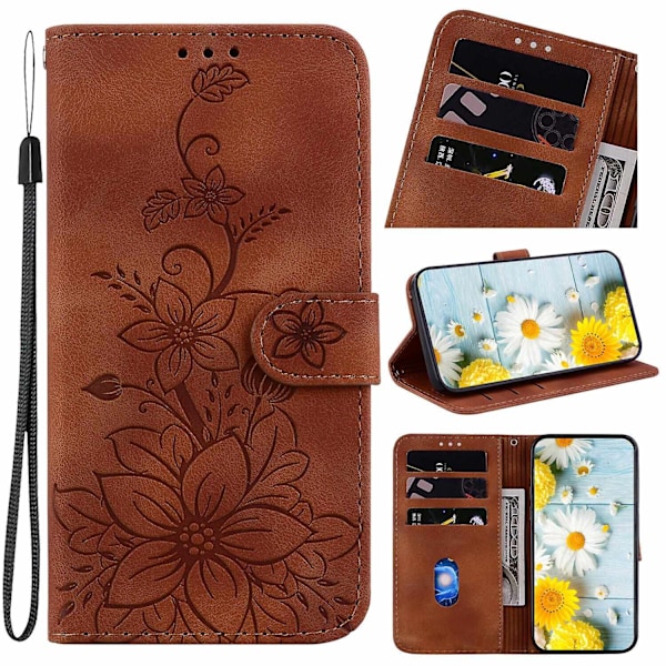 Etui Kompatibelt med Xiaomi Redmi Note 11s Præget Lily Flip Wallet Premium Pu Læder Cover med Kortholder-Perfet Brown