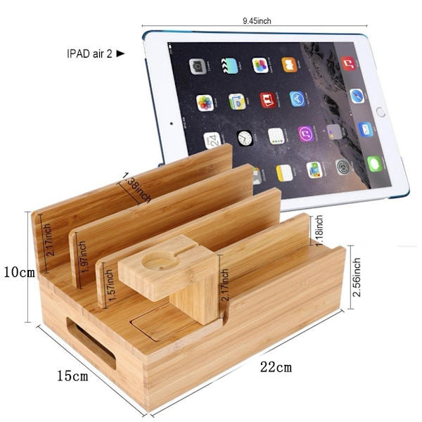Natural Bamboo -latausasema, iPhone Dock Manager, Smart Watch, Tabletti (ei USB keskitintä) - Perfet